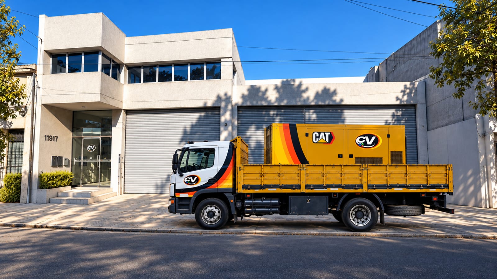 Frente de CV Servicios con camión y grupo electrógeno preparado para salir